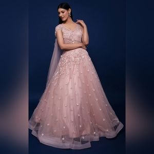 Peach Net Fancy Gown with 3D Flower Motifs